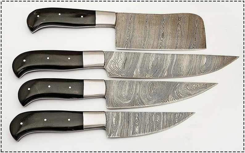 Custom Handmade Knife – 13” Damascus Steel Blade with Resin Handle, Steel Bolster & Leather Roll | Premium Custom Knife Set
