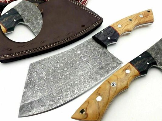 Damascus Cleaver Butcher Knife – 10" Hand-Forged Blade with Pakka or Olive Wood Handle & Leather Sheath