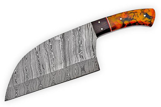 Cleaver Kitchen Knife – 10” Damascus Steel Blade with Epoxy Resin or Wangi Wood Handle | Leather Sheath Included
