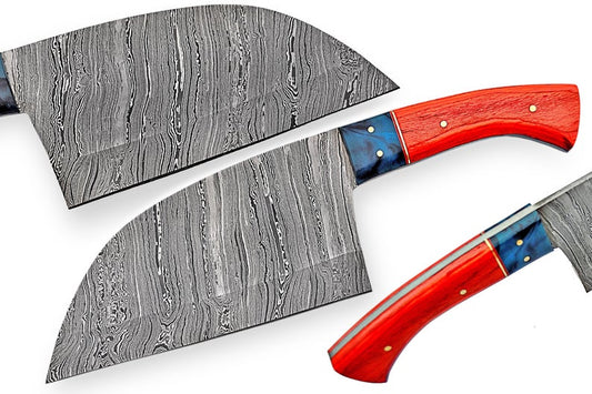 Custom Handmade Chef Knife Cleaver – 10” Damascus Steel Blade with Pakka Wood Handle & Leather Sheath
