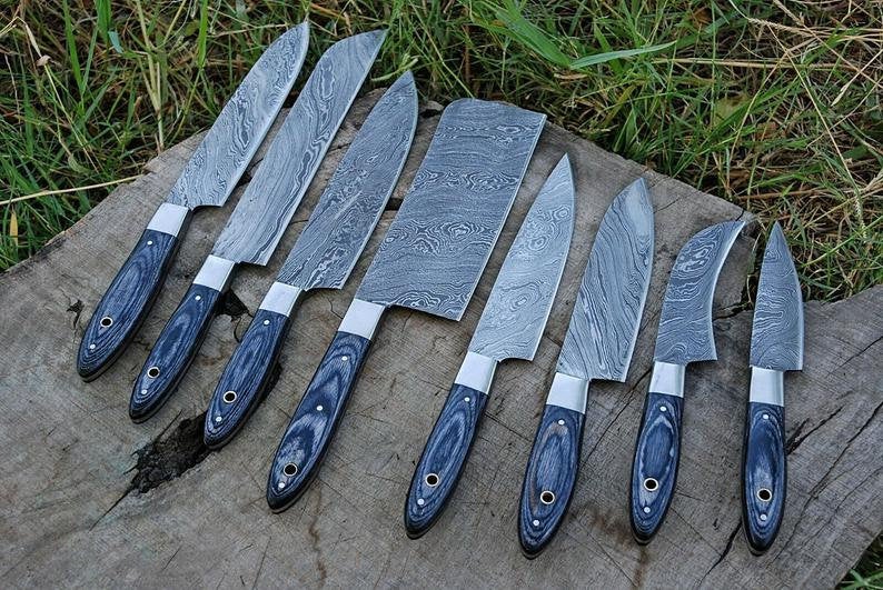 Custom Handmade Damascus Steak Knife – 13” with Pakka Wood Handle, Steel Bolster & Leather Roll Kit