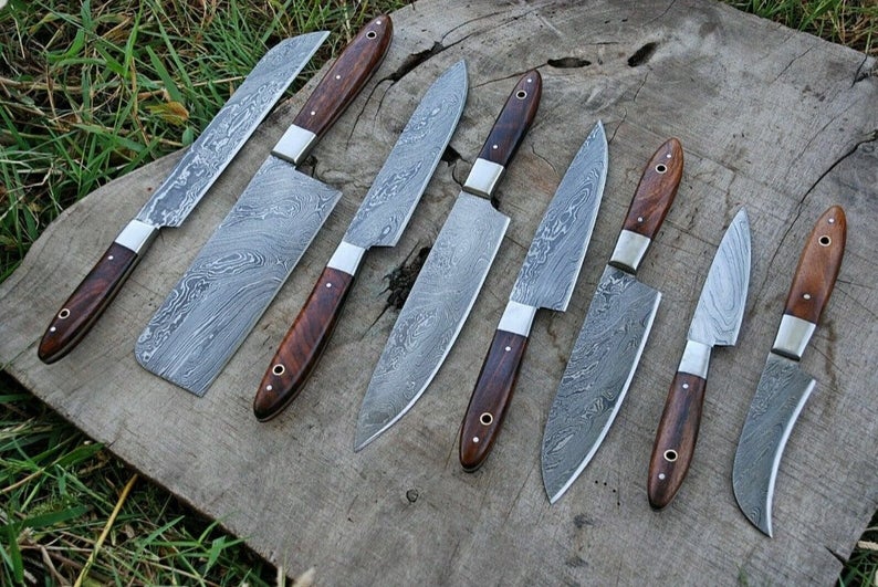 Custom Handmade Damascus Kitchen Knife – 13” with Olive Wood Handle, Steel Bolster & Leather Roll