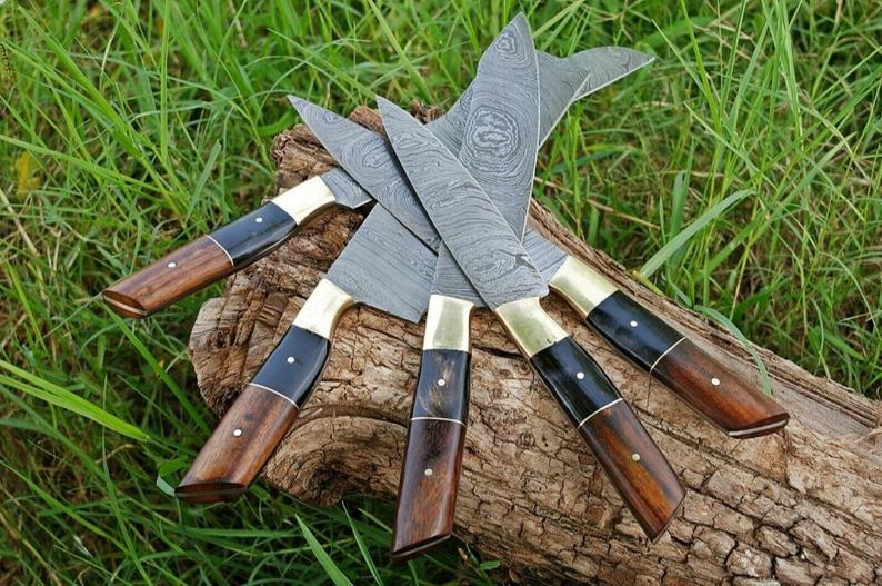 Custom Handmade Damascus Cooking Knife – 13” Blade with Black Resin or Rosewood Handle, Brass Bolster & Leather Roll Kit