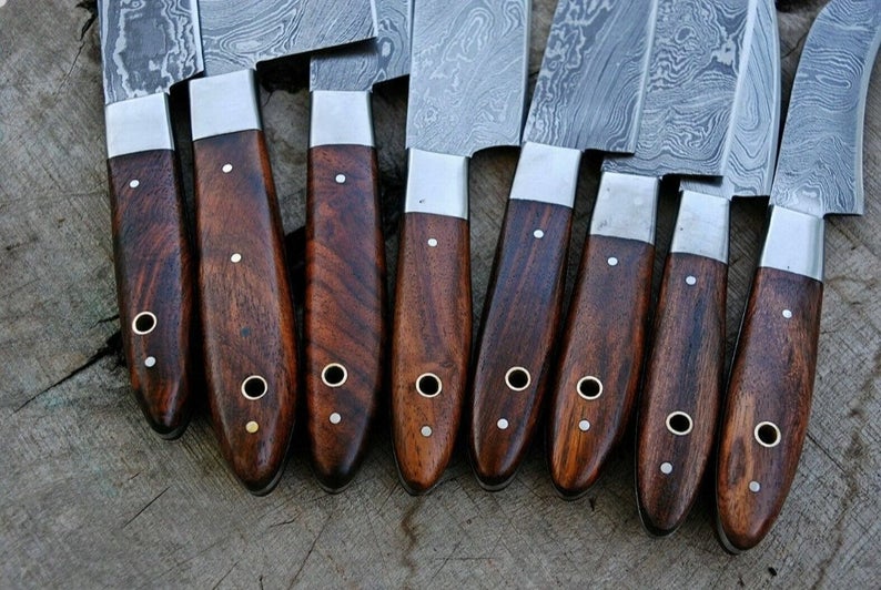 Custom Handmade Damascus Kitchen Knife – 13” with Olive Wood Handle, Steel Bolster & Leather Roll