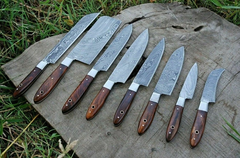 Custom Handmade Damascus Kitchen Knife – 13” with Olive Wood Handle, Steel Bolster & Leather Roll