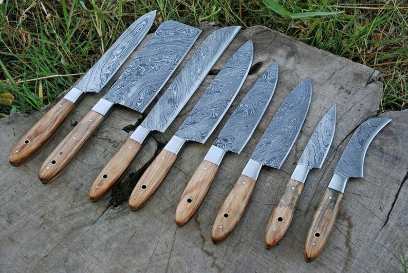 Custom Handmade Damascus Cooking Knife – 13” with Olive Wood Handle, Steel Bolster & Leather Roll Kit