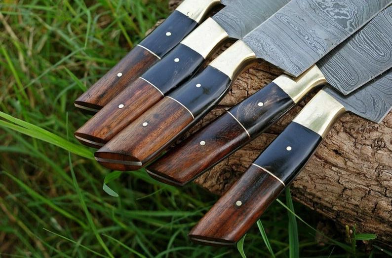 Custom Handmade Damascus Cooking Knife – 13” Blade with Black Resin or Rosewood Handle, Brass Bolster & Leather Roll Kit