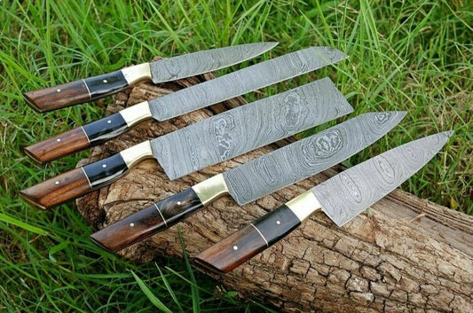 Custom Handmade Damascus Cooking Knife – 13” Blade with Black Resin or Rosewood Handle, Brass Bolster & Leather Roll Kit