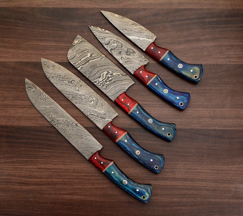 Custom Handmade Damascus Chef Knife Set – 13” with Pakka Wood Handles & Leather Roll