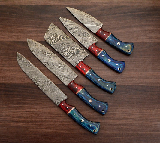 Custom Handmade Damascus Chef Knife Set – 13” with Pakka Wood Handles & Leather Roll