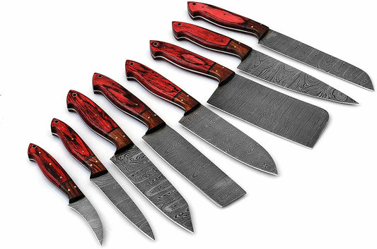 Custom Handmade Damascus Kitchen Knives Set with Exotic Wood Handles and Leather Roll Kit