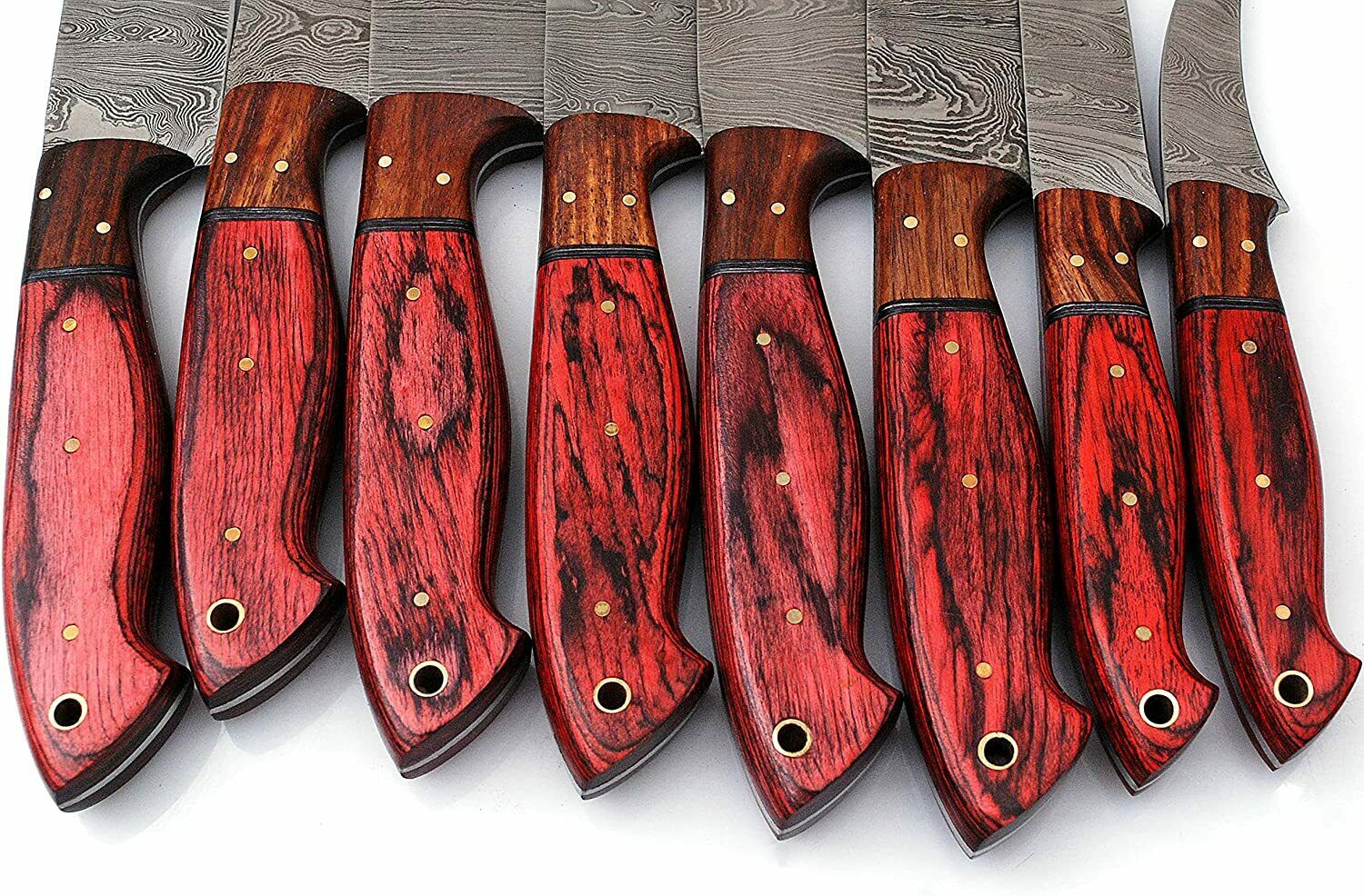 Custom Handmade Damascus Kitchen Knives Set with Exotic Wood Handles and Leather Roll Kit