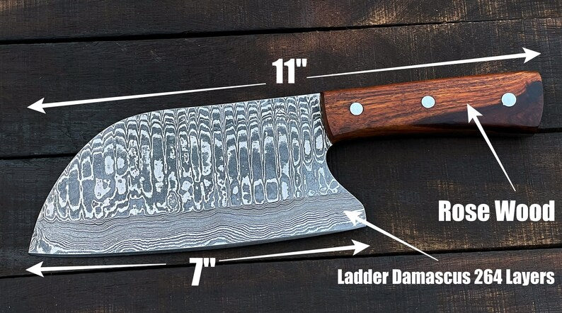 Custom handmade Damascus steel cleaver knife rose wood handle