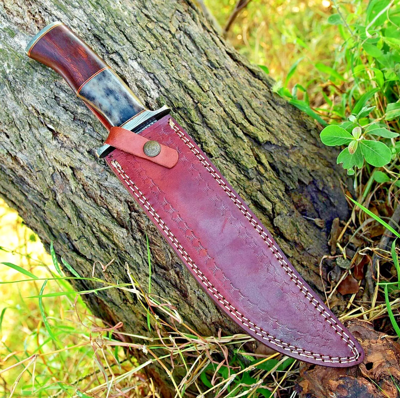 Premium Handmade Damascus Steel Bowie Knife | Damascus Steel Guard, Rosewood & Colored Bone Handle | Leather Sheath Included