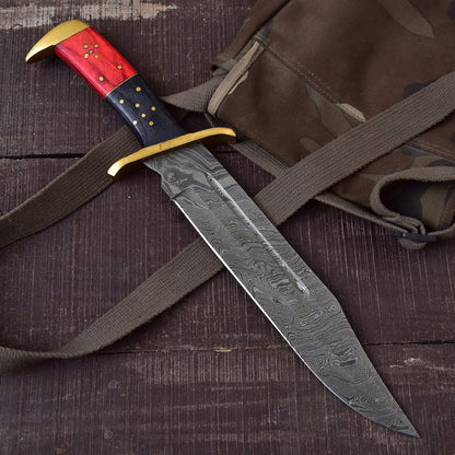 Handmade Damascus Steel Rambo Bowie Knife with Brass Wood Handle and Custom Leather Sheath”