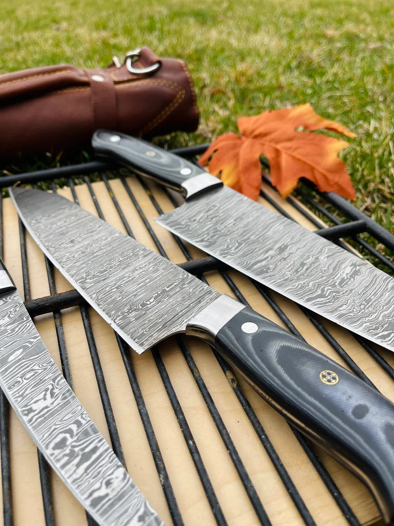 Luxury Custom Handmade Damascus Steel 5-Piece Kitchen Knife Set with G10 Handle & Steel Bolster - Premium Chef Knives in Leather Roll Kit