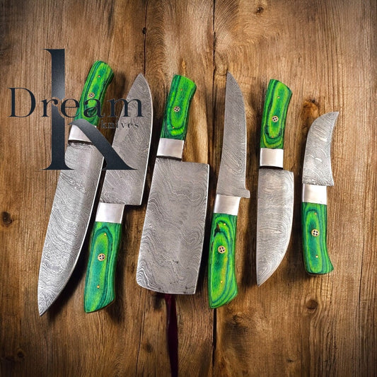 Best Japanese Knife Set – 13" Damascus Steel Blades with Pakkawood Handles, Steel Bolsters & Leather Roll Kit

