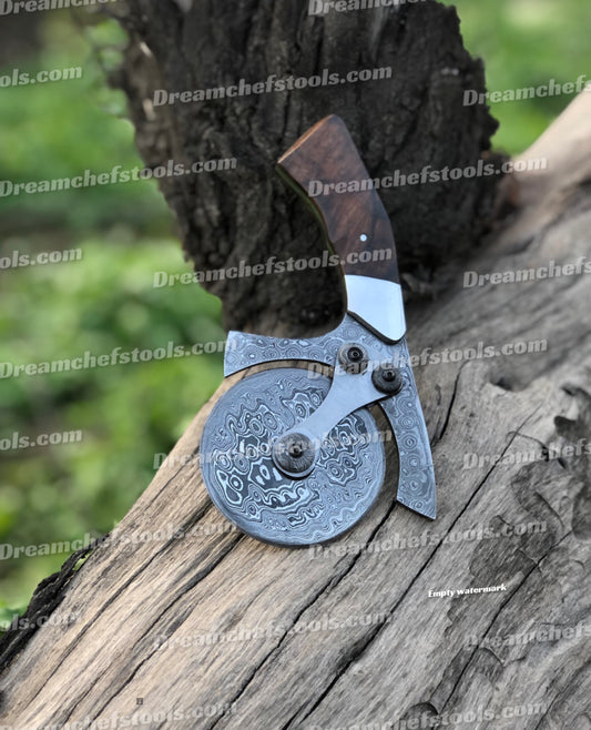 Handmade Damascus steel pizza cutter