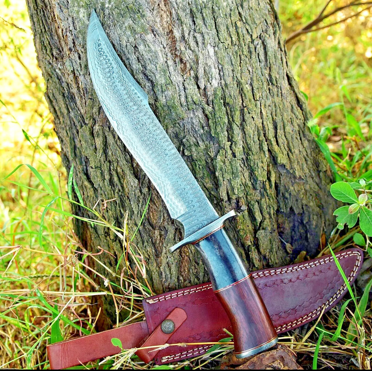 Premium Handmade Damascus Steel Bowie Knife | Damascus Steel Guard, Rosewood & Colored Bone Handle | Leather Sheath Included