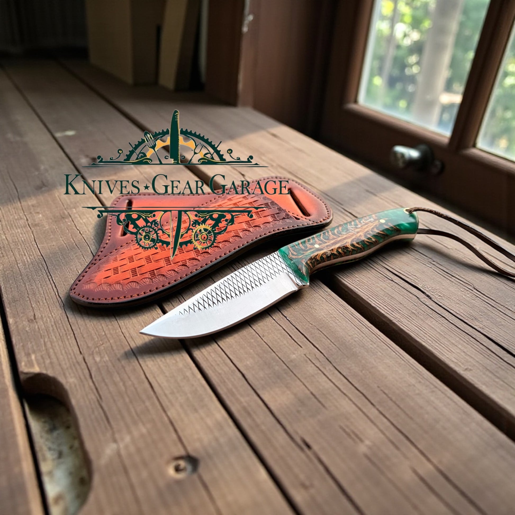 Western Knife and Sheath – 8" Handmade Rasp Steel Blade with Green Epoxy Resin Handle