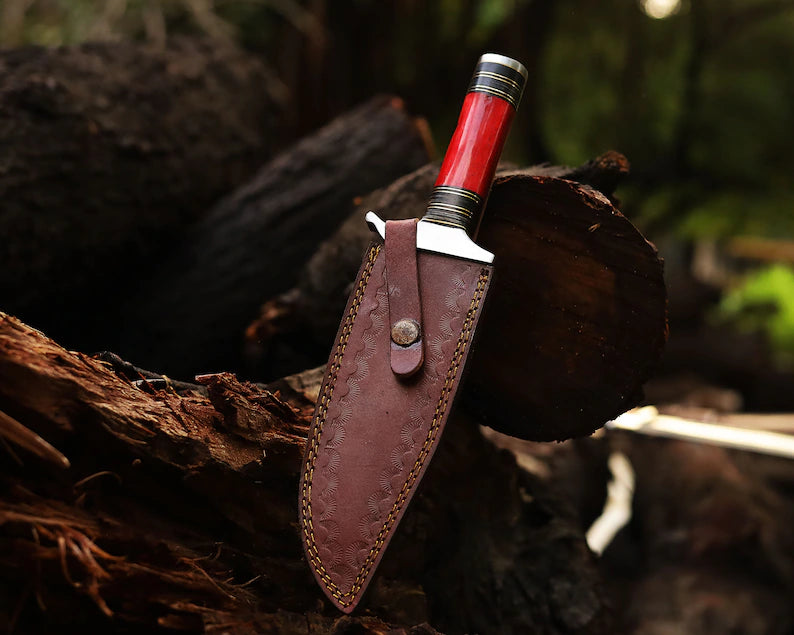 Custom Handmade J2 Steel Bowie Knife – 13-Inch Blade with Colorful Bone and Steel Guard Handle, Includes Leather Sheath