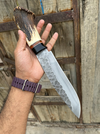 13-inch custom Bowie knife featuring a high-quality D2 steel blade, stag crown handle, and a handcrafted leather sheath