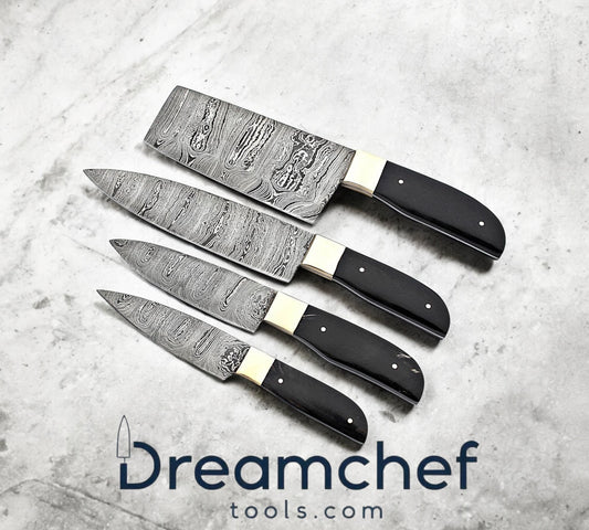 Damascus Knife Set – 13” Handmade Chef Knife with Resin Handle, Steel Bolster & Leather Sheath