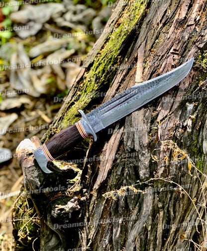 15-inch Damascus Steel Bowie Knife with colored bone handle, perfect for hunting and collecting