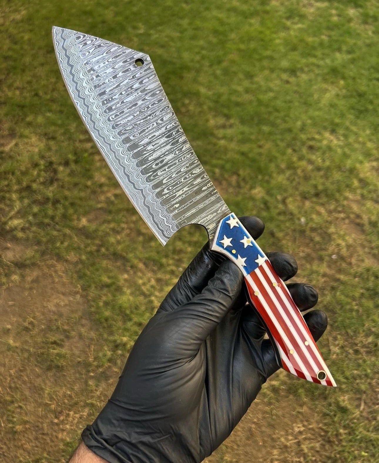 Custom Handmade Damascus Steel Cleaver Knife with Texas Flag Style Handle and Cone Leather Sheath