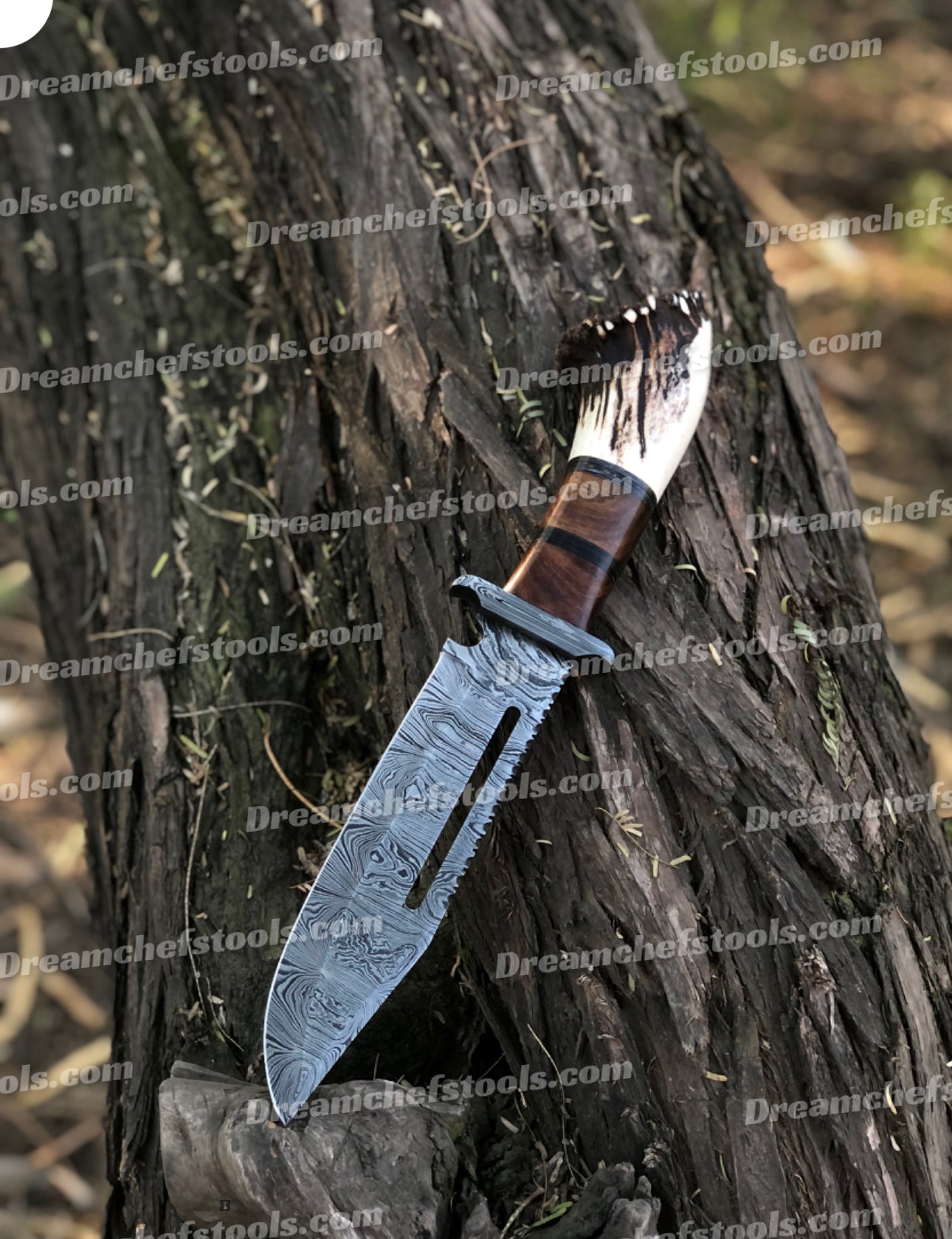 15" Handmade Damascus Steel Bowie Knife - Full tang construction with stag crown antler and rosewood handle, Damascus steel guard