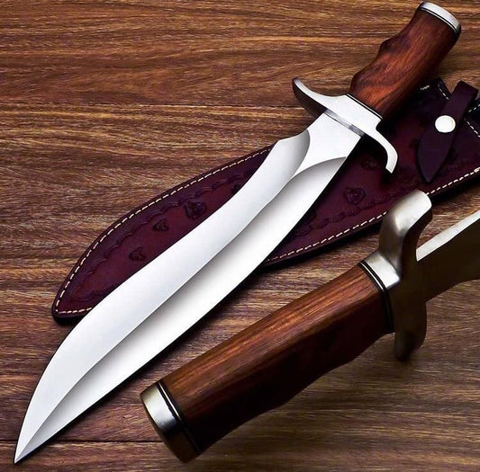 16-inch custom handmade D2 steel Bowie knife with a polished rosewood handle, steel guard, and an artisanal leather sheath