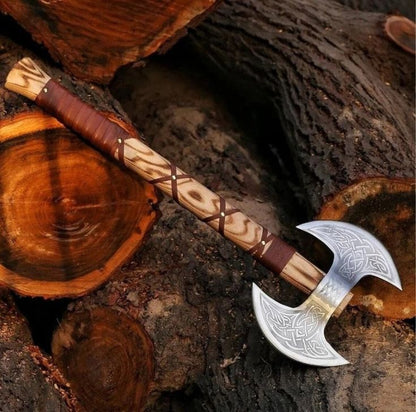 Custom Handmade Engraved Double Blades Battle Axe with D2 steel blades, Ash wood handle with leather wrap, and leather sheath. Ideal for everyday use and display.