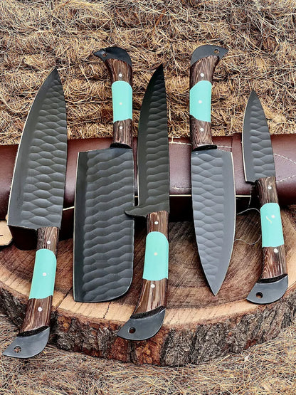 Handmade D2 Steel Chef Set of 5 pcs, Black Lover Knives, Kitchen Set Leather Sheath, Birthday/Anniversary Gift