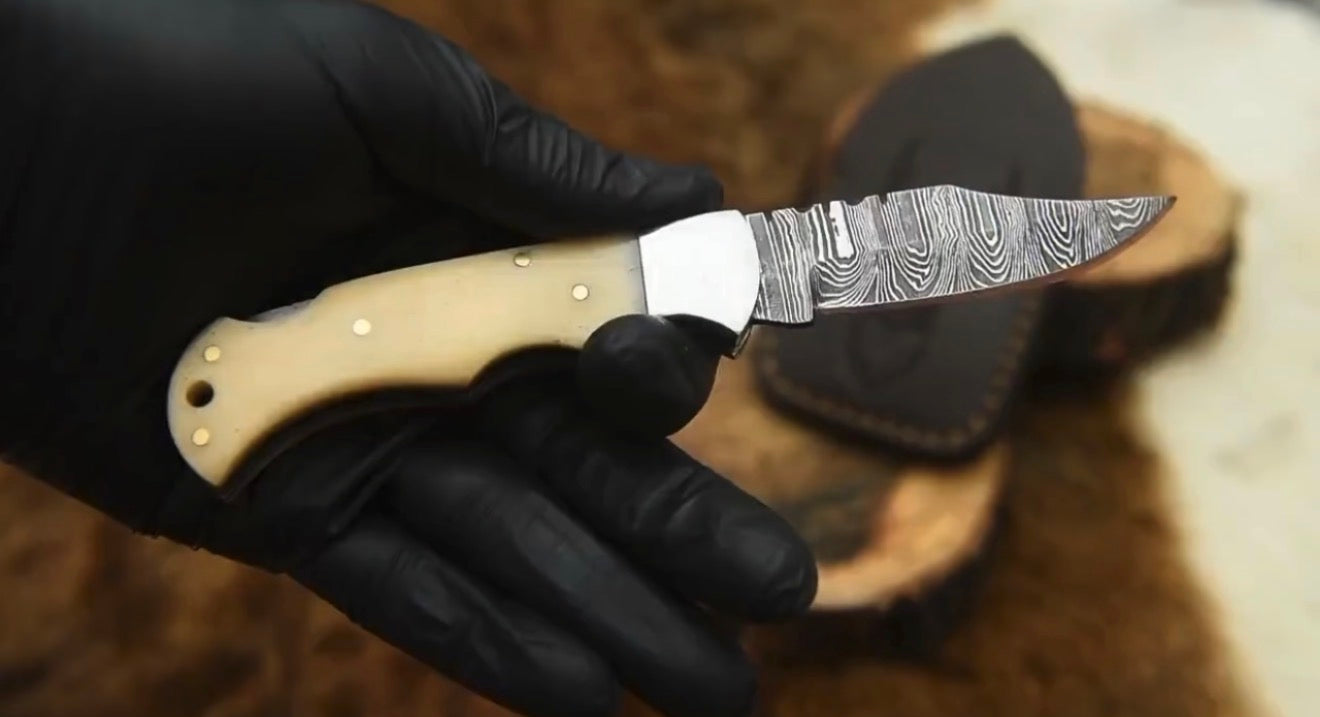Folding Hunter Knife with Bone Handle & Damascus Blade