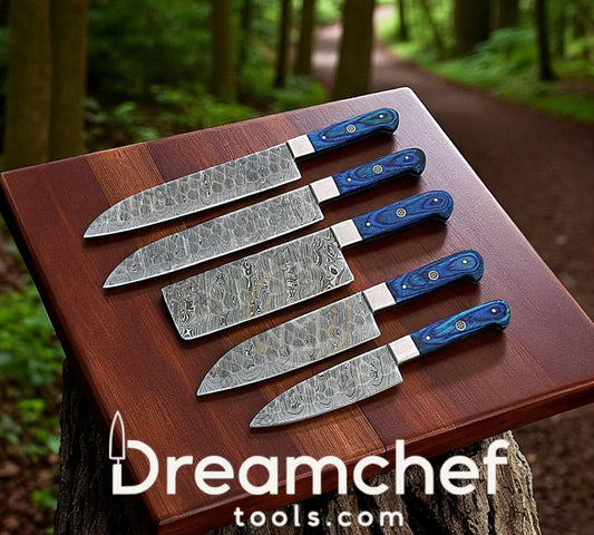 Damascus Knife Set – 13” Handmade Chef Knife with 8” Blade, Pakka Wood Handle, Steel Bolster & Leather Sheath