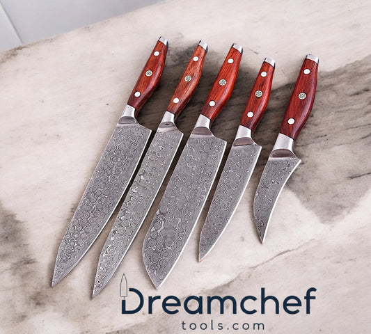 Kitchen Knife Set with Block – 13” Handmade Damascus Steel Chef Knife with Rosewood Handle, Steel Bolster & Leather Sheath