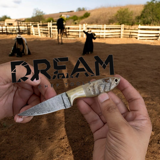 Cowboy Buckaroo Knife – 7" Custom Handmade Damascus Blade with Sheep Horn Handle & Brass Bolster – Western Leather Sheath