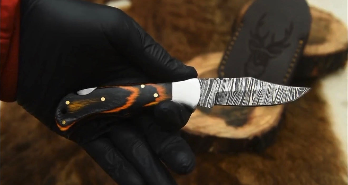 Handmade Wood Handle Folding Knife – 3" Damascus Blade with Back Lock