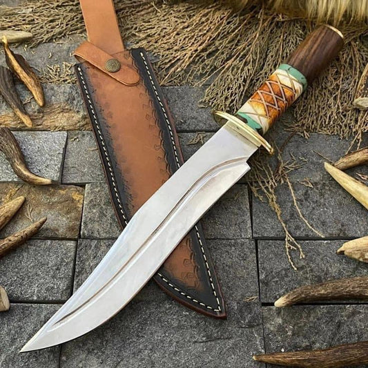 Custom Handmade J2 Steel Bowie Knife with Rosewood, Bone, and Brass Guard Handle, 16-inch Overall Length, with Leather Sheath”
