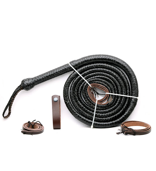 "Custom handmade real leather bullwhip – black, 16 plait, 8-inch handle"