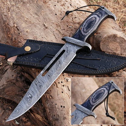 Custom Handmade Damascus Steel Rambo Bowie Knife with Brass Wood Handle and Leather Sheath”