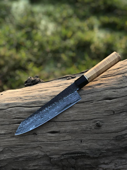 Custom Handmade 13-Inch Damascus Steel Chef Knife with Brass Guard and Olive Wood Handle, Includes Leather Sheath”