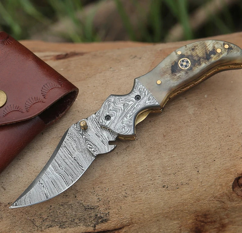 Damascus Pocket knife, Folding Knife, Every Day Carry Knife , Damascus Knives with Clip, Best Gift For Him, Engraved Handle Handmade Knife