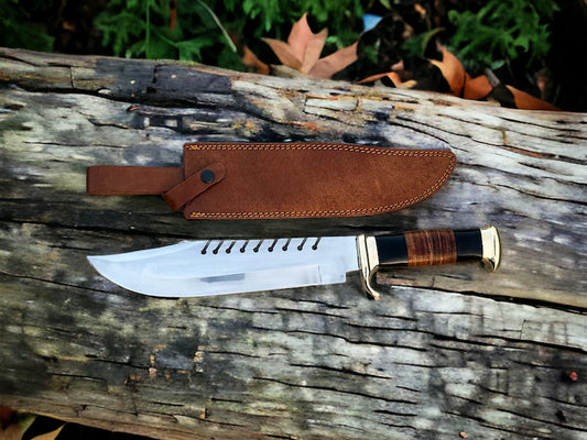 Crocodile Dundee Bowie Knife with brass guard and buffalo horn handle, featuring a leather sheath