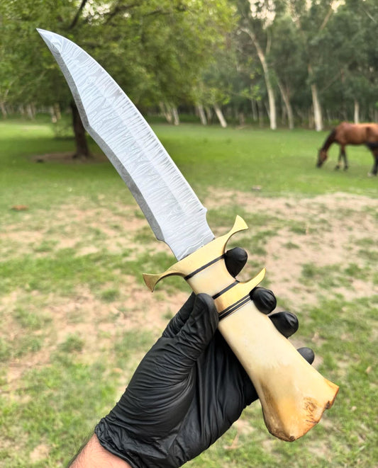 Luxurious Custom Handmade 16-Inch Damascus Steel Bowie Knife with Brass Guard and Camel Bone Handle, Complete with Leather Sheath”
