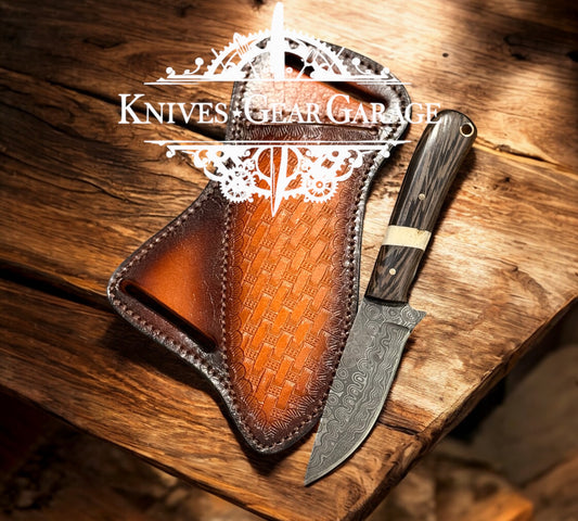Western Knife and Sheath – 3.4" Damascus Blade with Wenge & Bone Handle