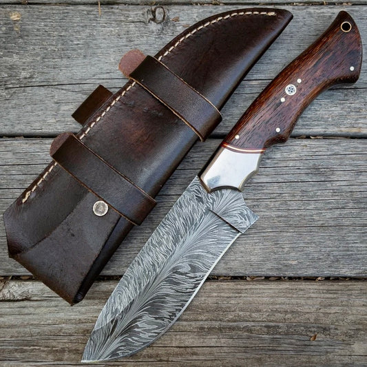 Hunting Knives | Authentic Unique Feather Damascus Outdoor Knife Wood or Bone Handle w/ Exact Mosaic Pins