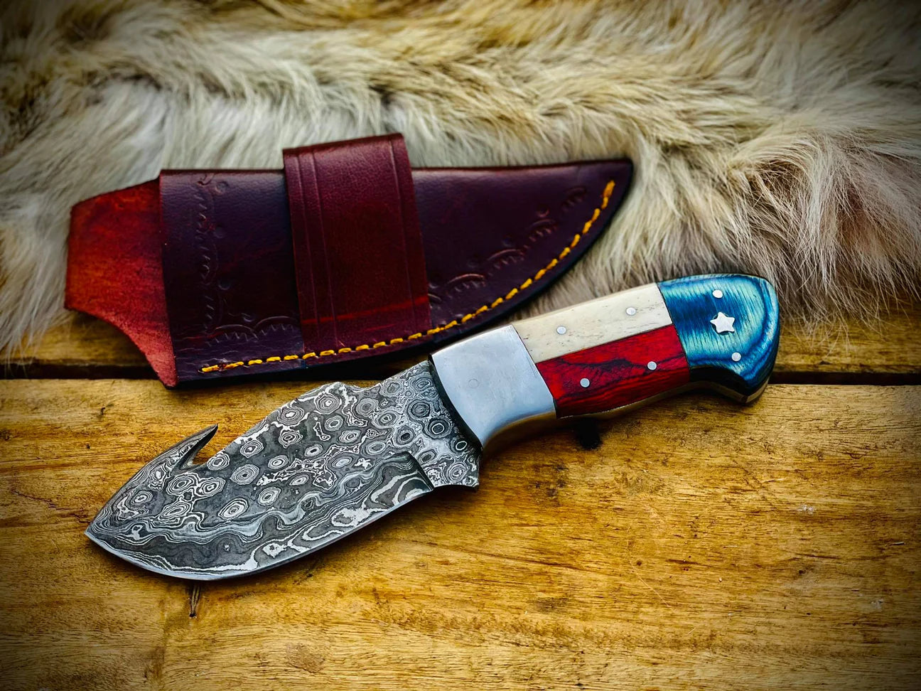 Handmade Texas Flag Handle Gut Hook Skinning Hunting dreamcheftools knife