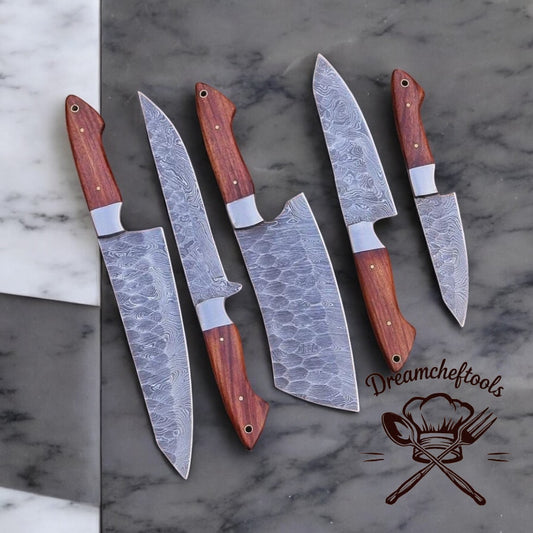 Kitchen Knives Sets – 13” Handmade Damascus Steel Chef Knife with Rosewood Handle, Steel Bolster & Leather Sheath