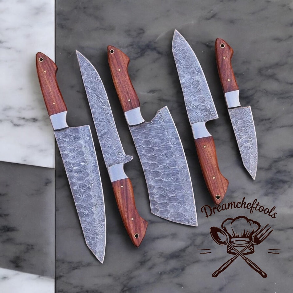Kitchen Knives Sets – 13” Handmade Damascus Steel Chef Knife with Rosewood Handle, Steel Bolster & Leather Sheath